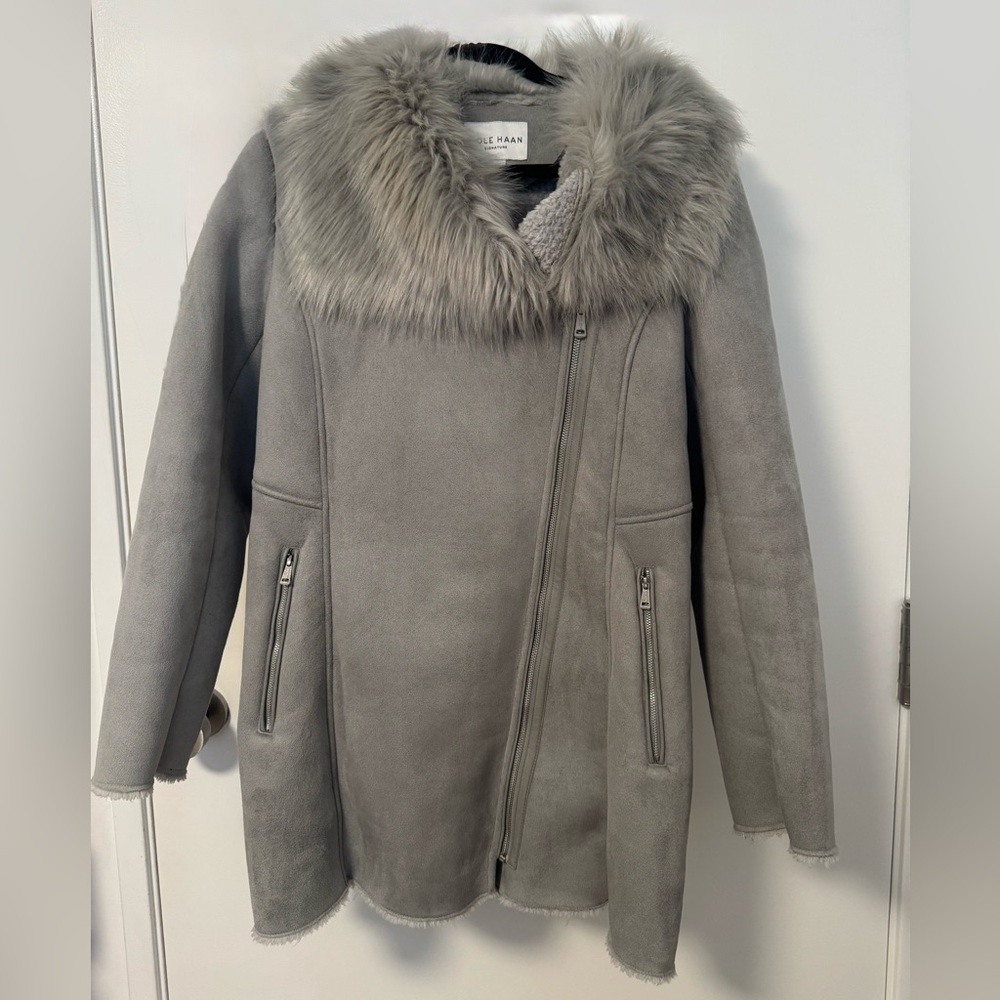 Cole Haan Gray Faux Shearling Faux Fur Trimmed Warm Winter Coat (like new)